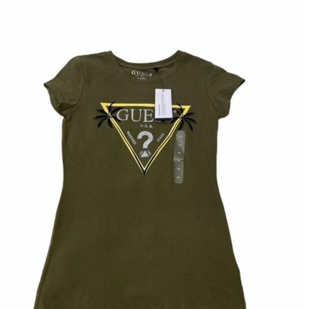 GUESS Women's Short Sleeve Triangle Logo in Army Olive.